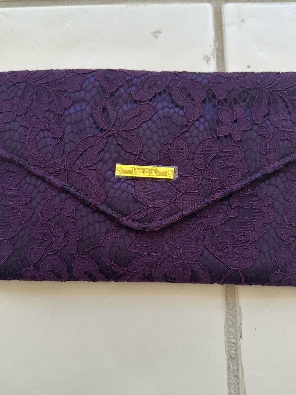 IMAN Purple Lace Envelope Clutch with Gold Plate